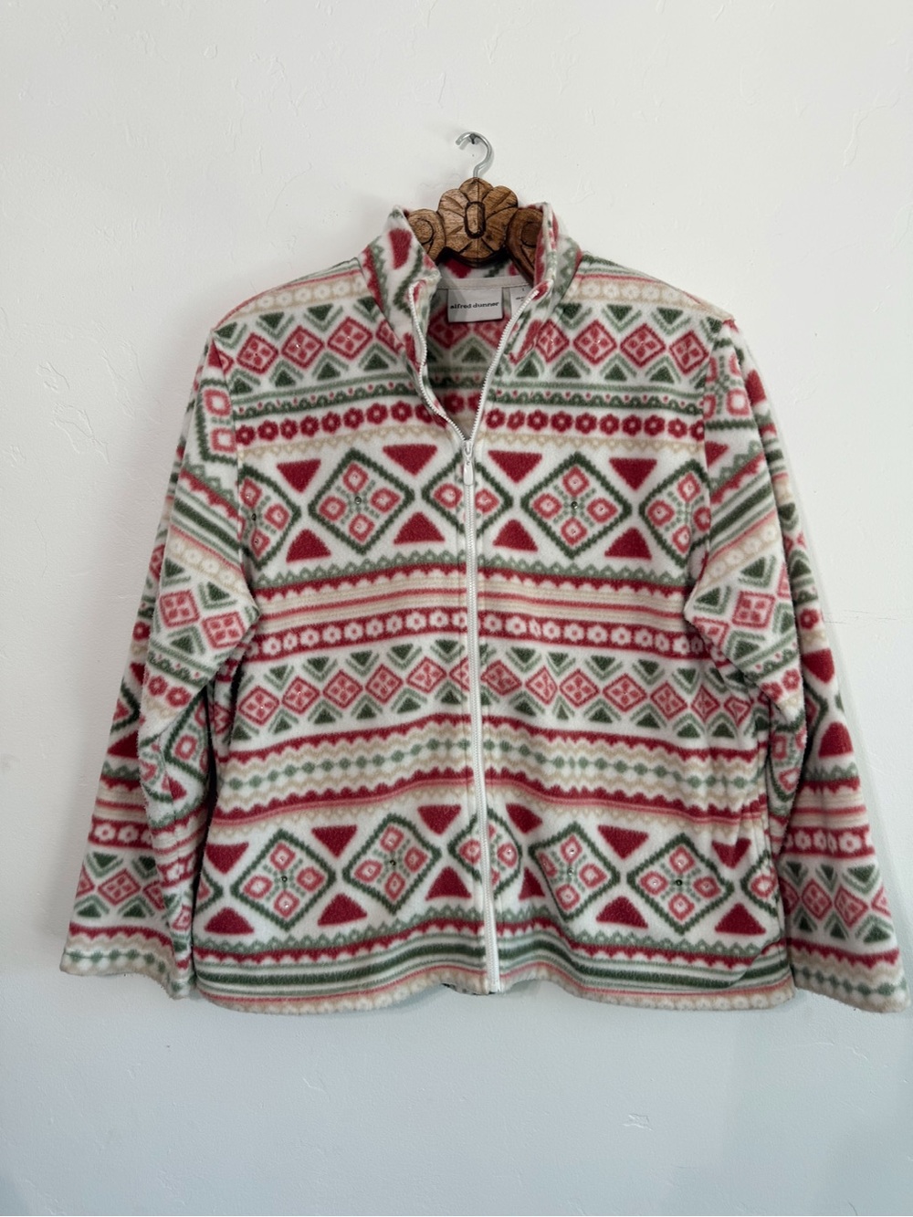 Alfred Dunner Fleece Jacket Women’s L Red Green Geometric Full Zip Rhinestone